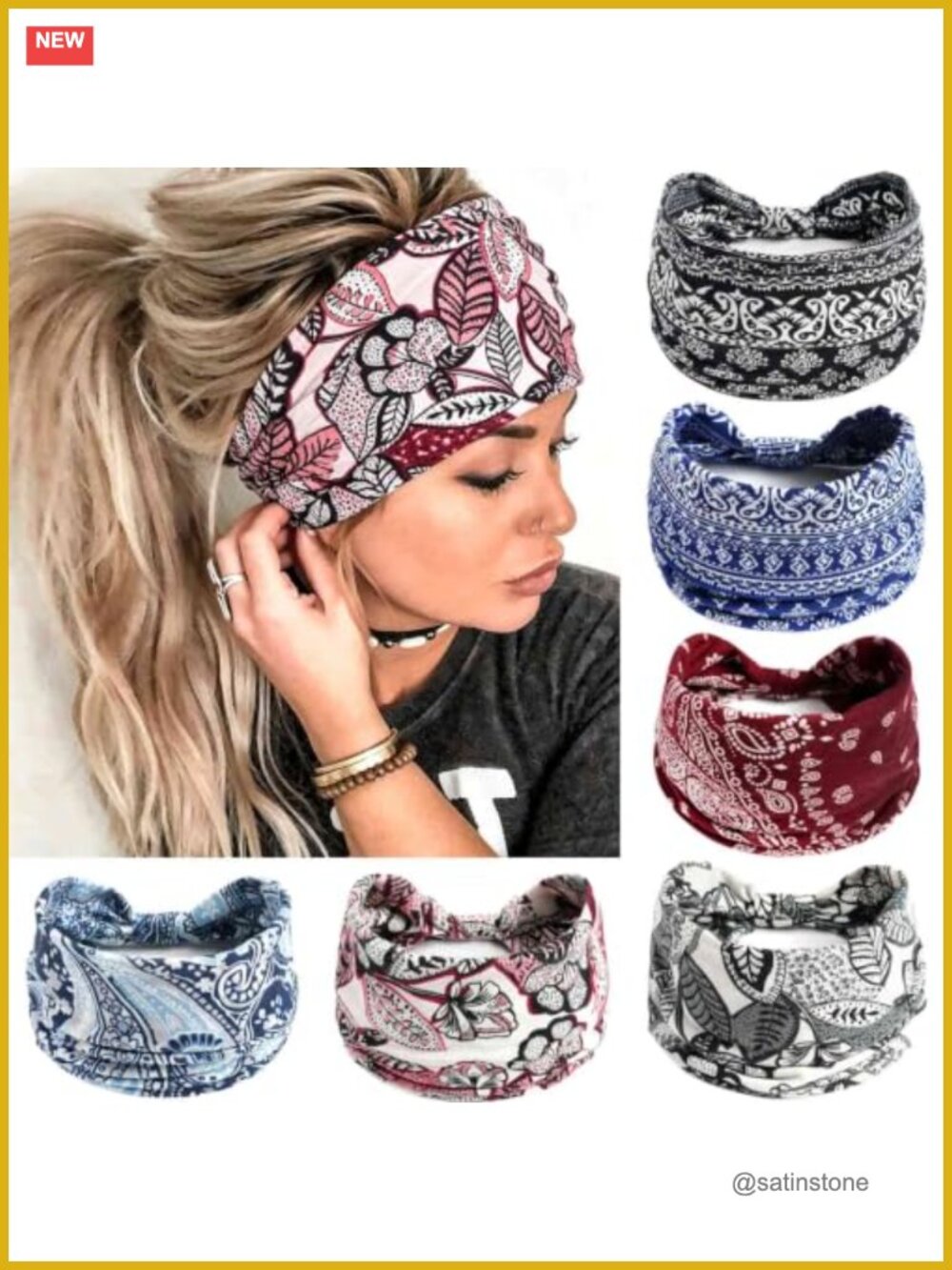 Boho Wide Headbands Non Slip Stretch Polyester Spandex Floral Head Wraps for
